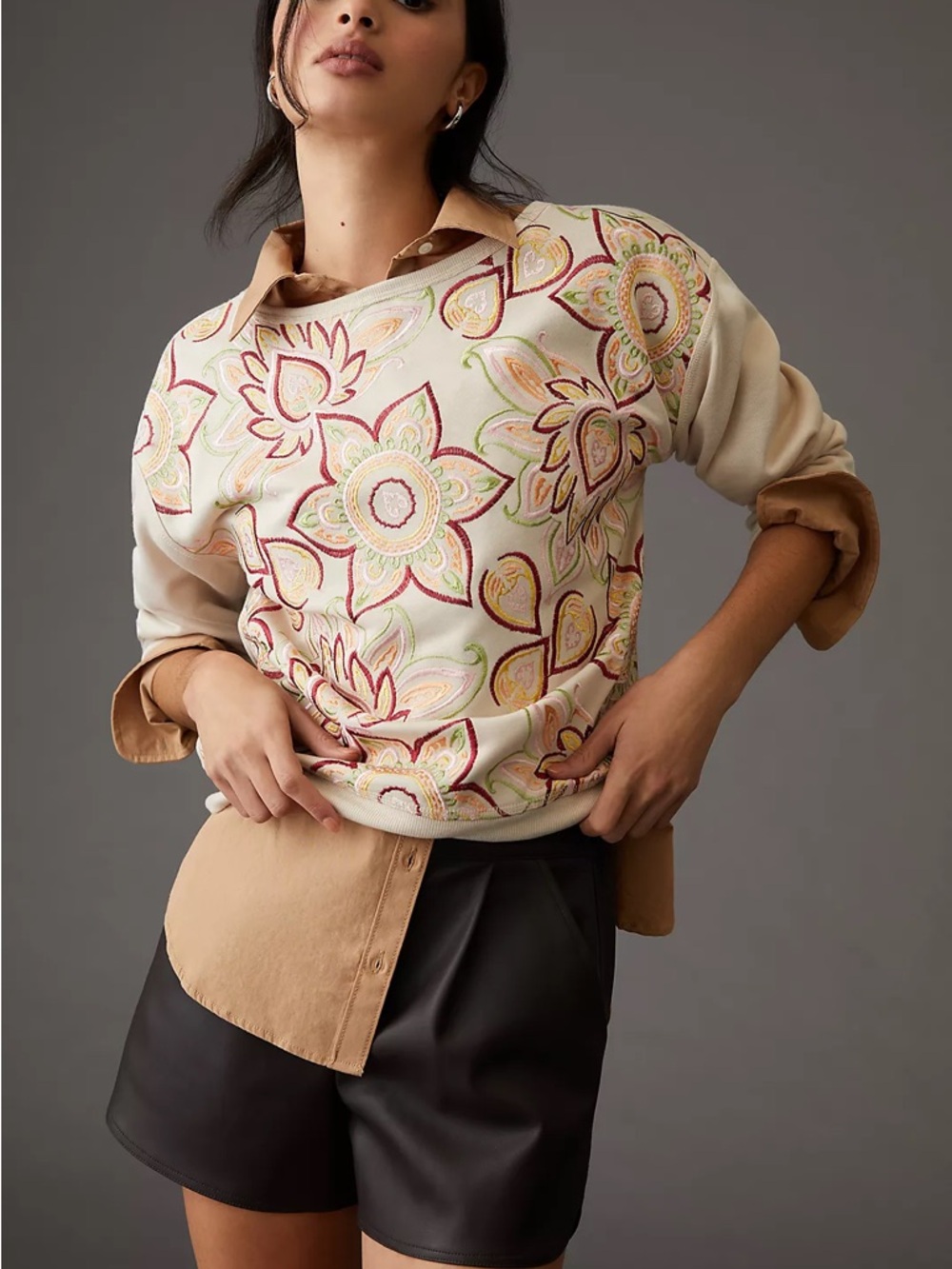 Anthropologie Tiny Helena Floral Embroidered Pullover Sweatshirt Large